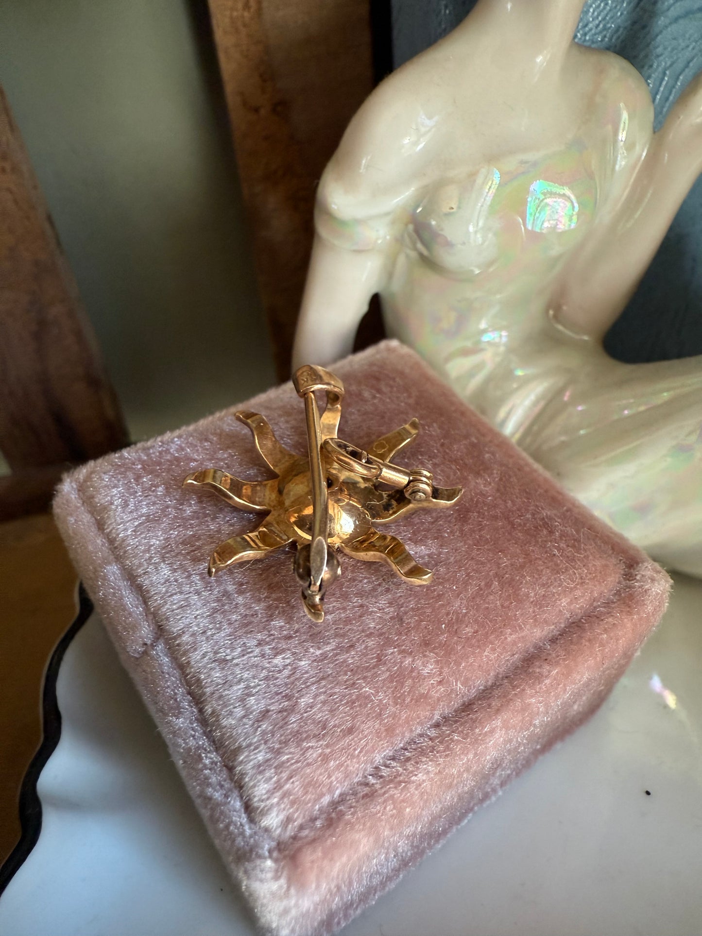 Victorian Antique Natural Seed Pearl and Diamond Star Burst Brooch Pendant