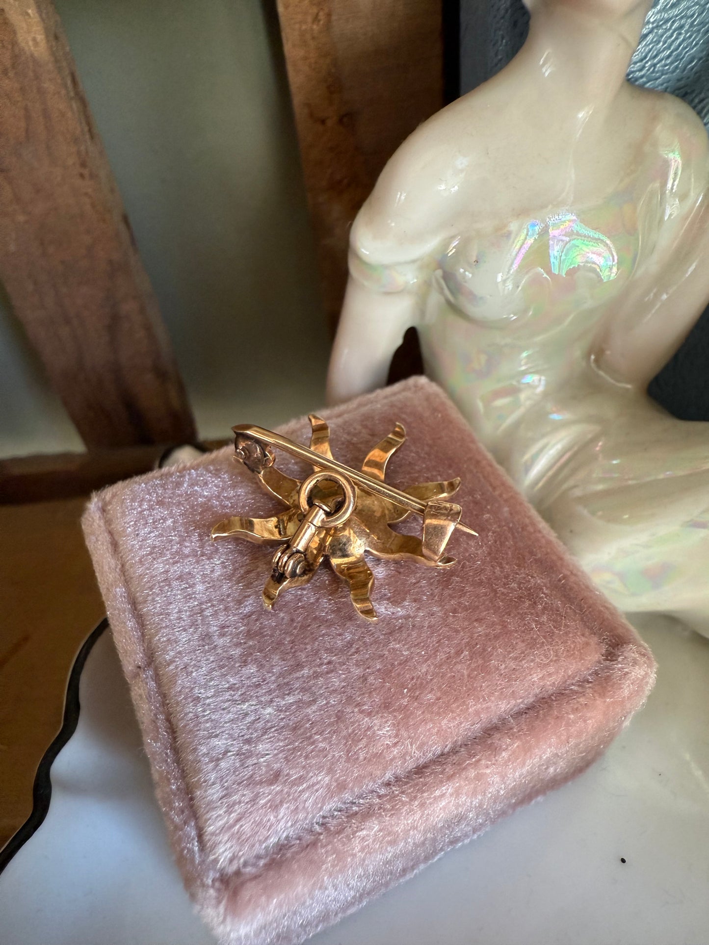 Victorian Antique Natural Seed Pearl and Diamond Star Burst Brooch Pendant