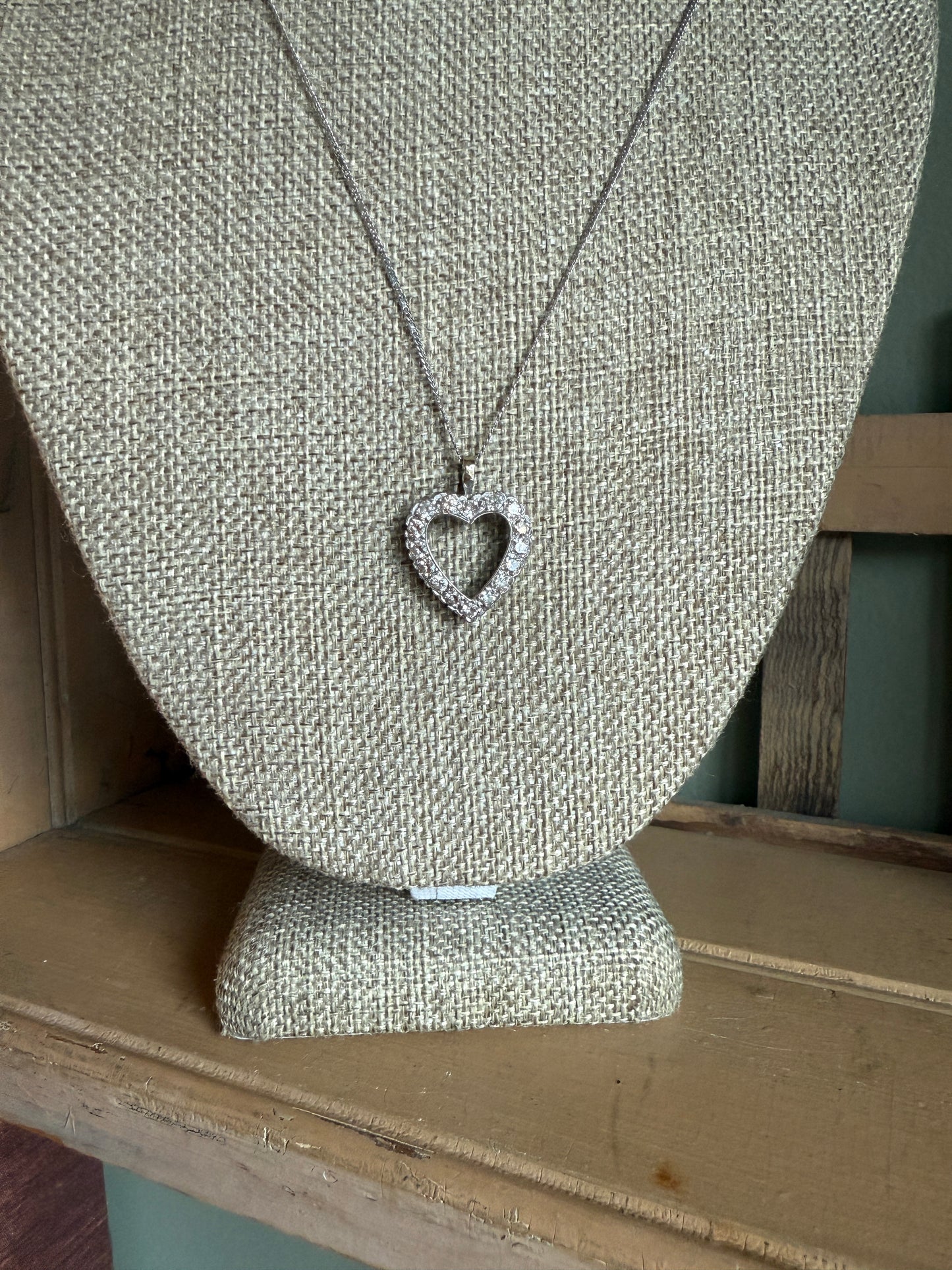 1950's Vintage 10K White Gold Diamond Set Heart Pendant on 10K White Gold Chain