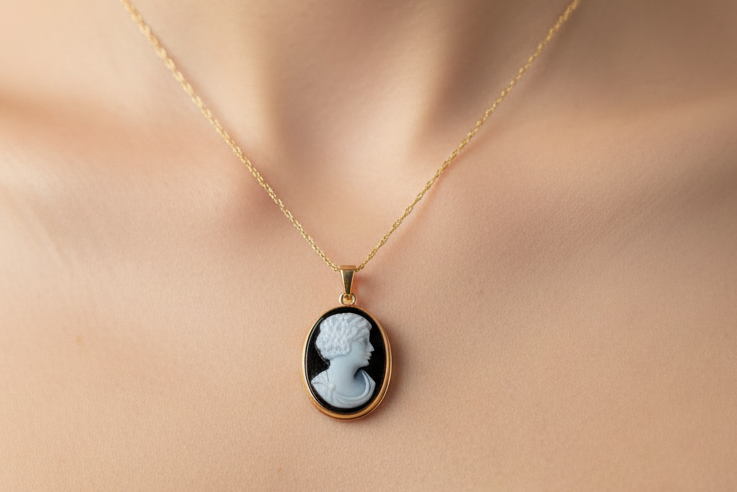 1920's Art Deco 10K Yellow Gold Carved Banded Agate Cameo of a Flapper in Profile