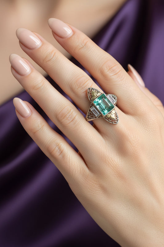 C1940 14K White and Yellow Filigree Aqua and White Spinel Ring