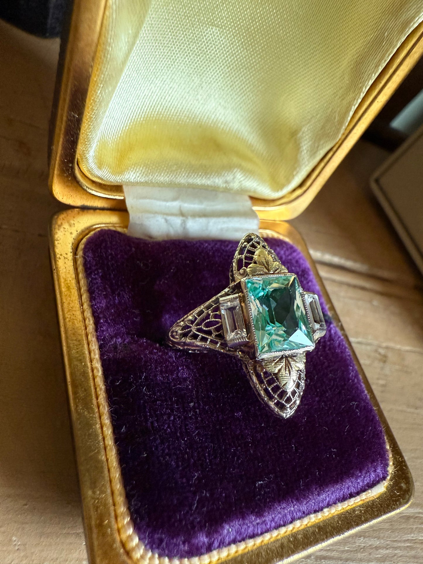 C1940 14K White and Yellow Filigree Aqua and White Spinel Ring