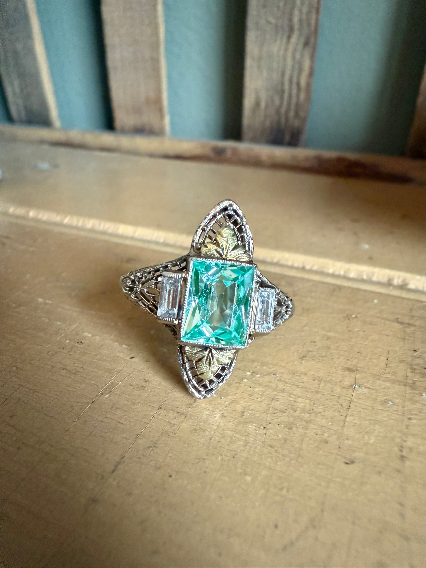 C1940 14K White and Yellow Filigree Aqua and White Spinel Ring