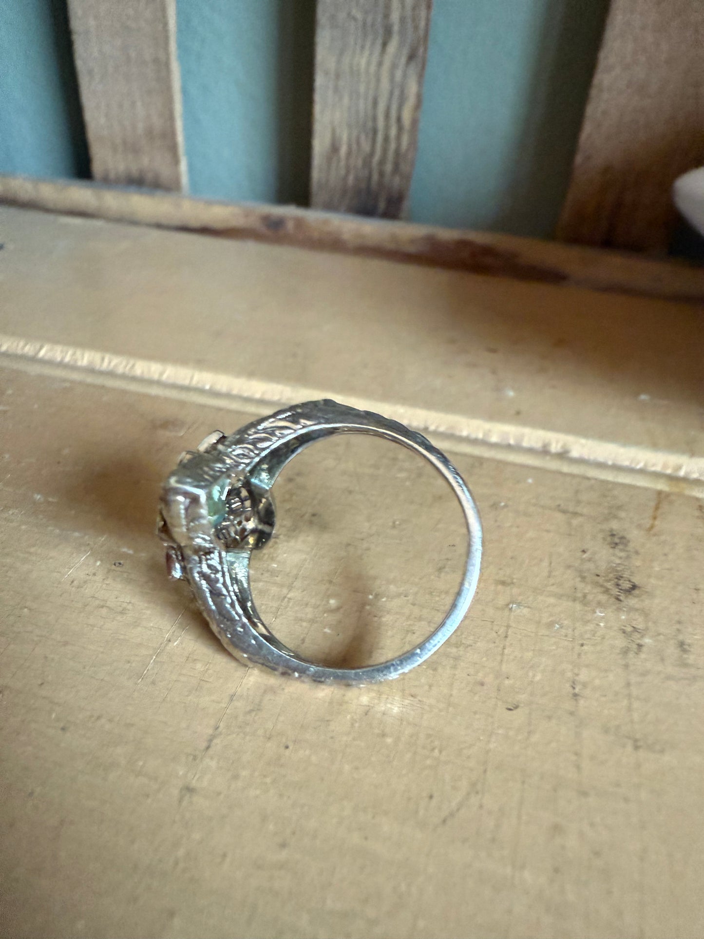 C1940 14K White and Yellow Filigree Aqua and White Spinel Ring