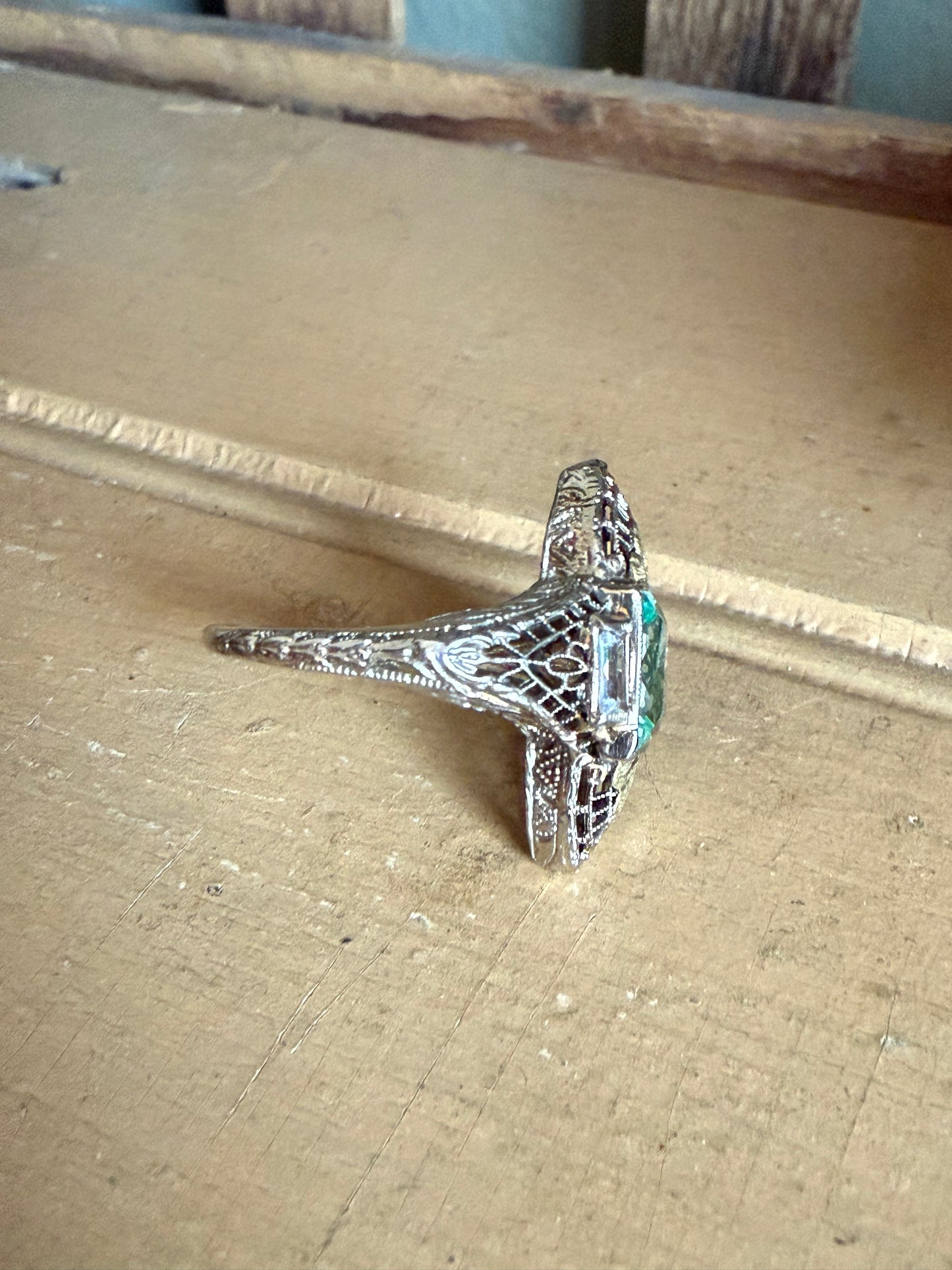 C1940 14K White and Yellow Filigree Aqua and White Spinel Ring