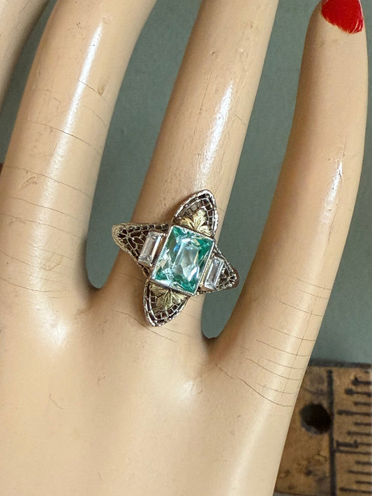 C1940 14K White and Yellow Filigree Aqua and White Spinel Ring