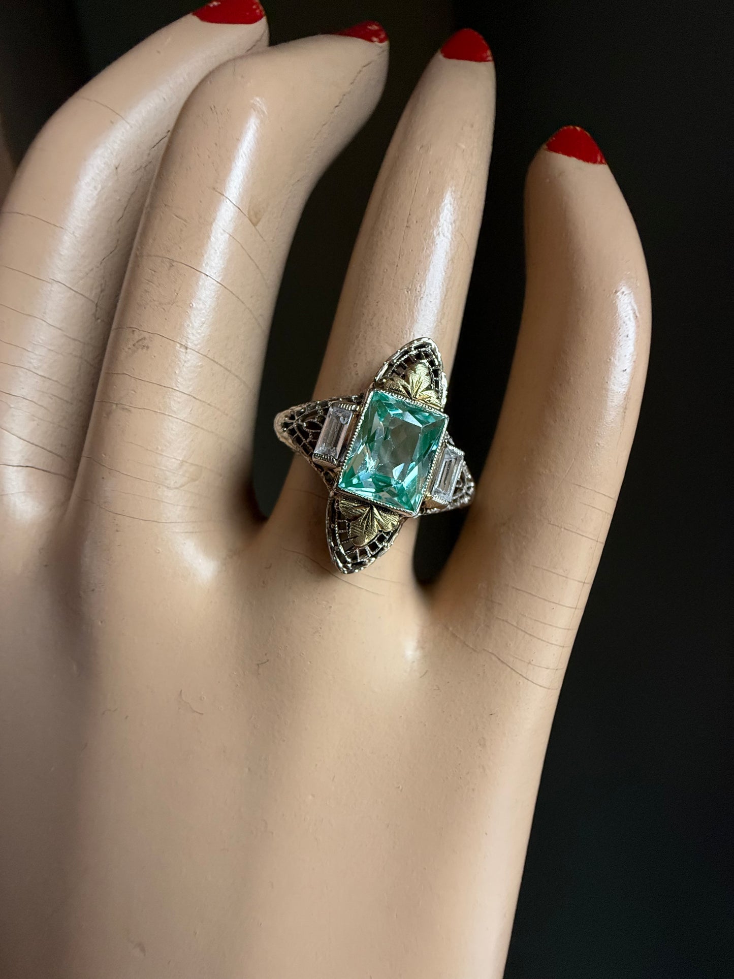 C1940 14K White and Yellow Filigree Aqua and White Spinel Ring