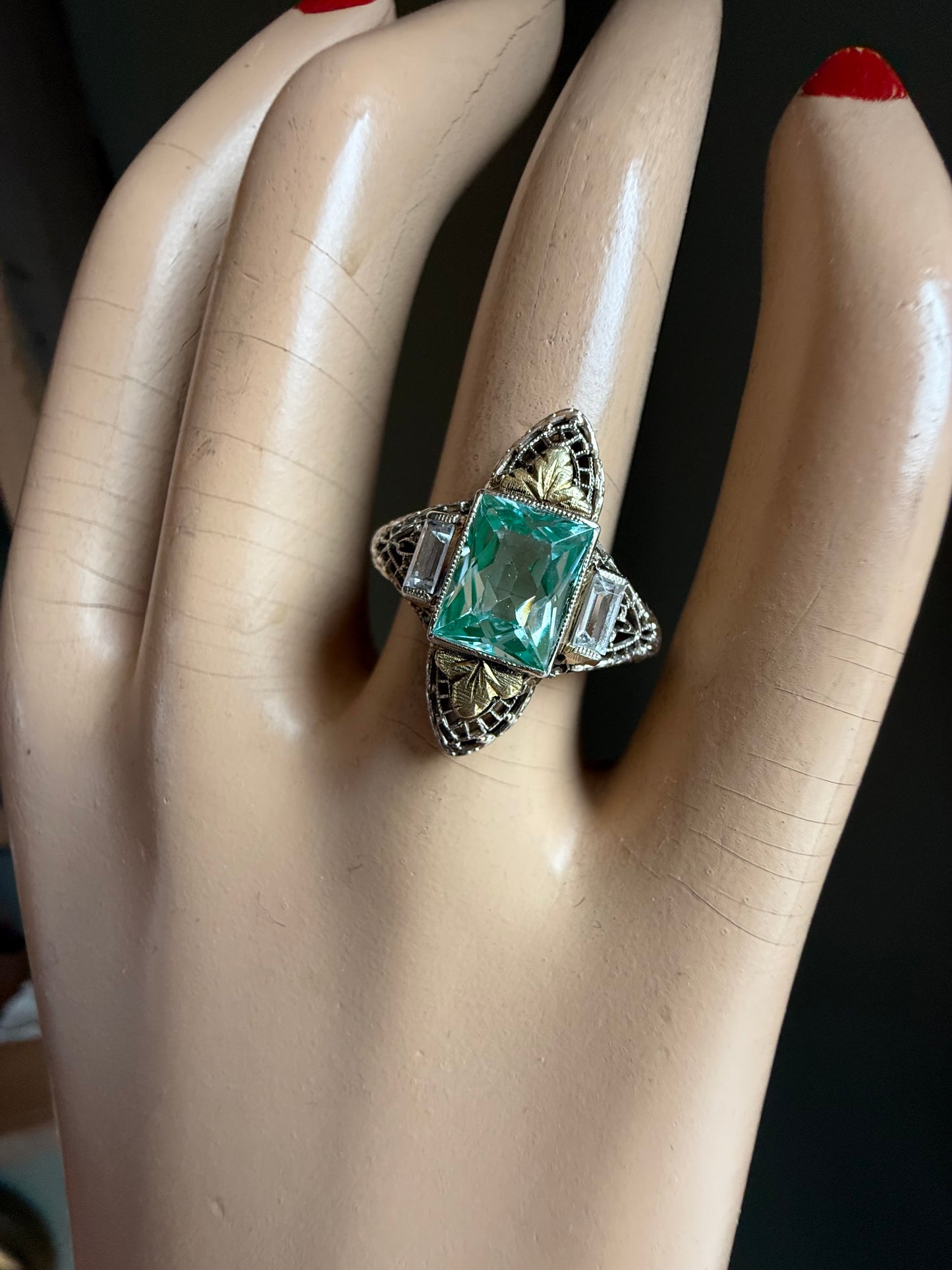 C1940 14K White and Yellow Filigree Aqua and White Spinel Ring