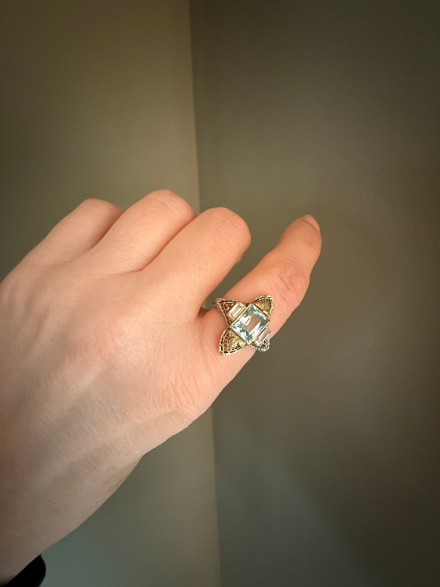 C1940 14K White and Yellow Filigree Aqua and White Spinel Ring