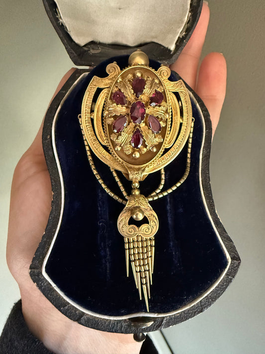 Antique Victorian c1880 14K Yellow Gold Dramatic Locket Brooch Set with Garnets