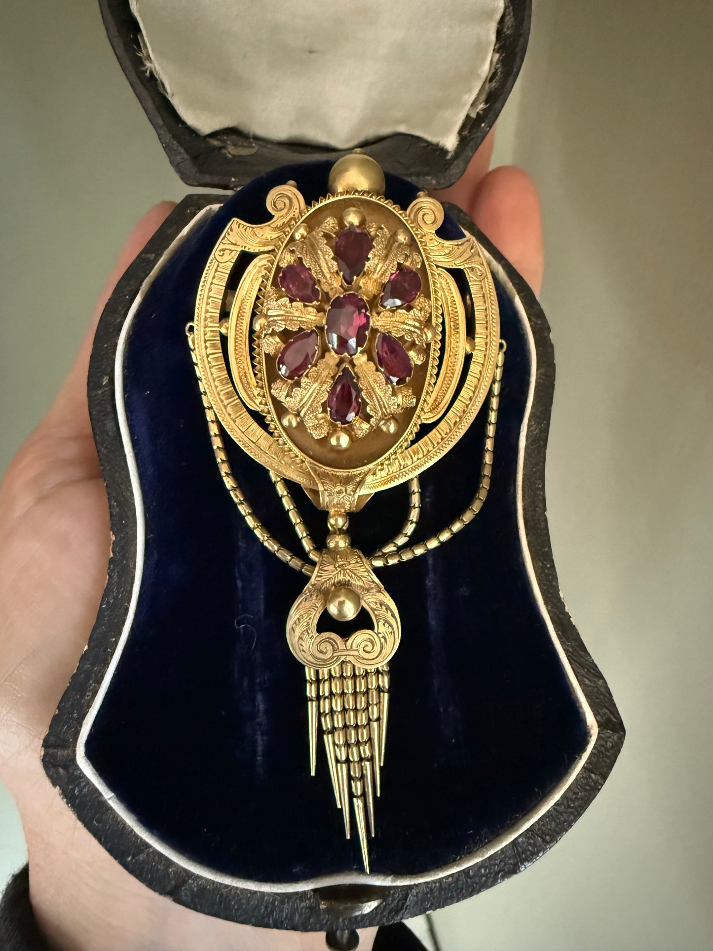 Antique Victorian c1880 14K Yellow Gold Dramatic Locket Brooch Set with Garnets