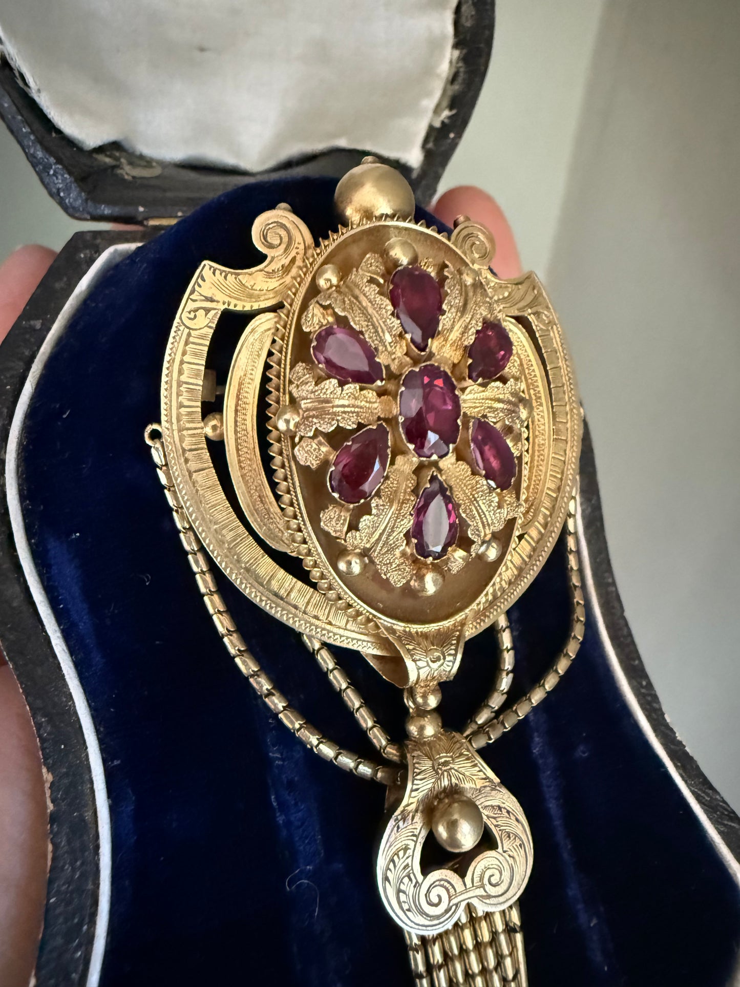Antique Victorian c1880 14K Yellow Gold Dramatic Locket Brooch Set with Garnets