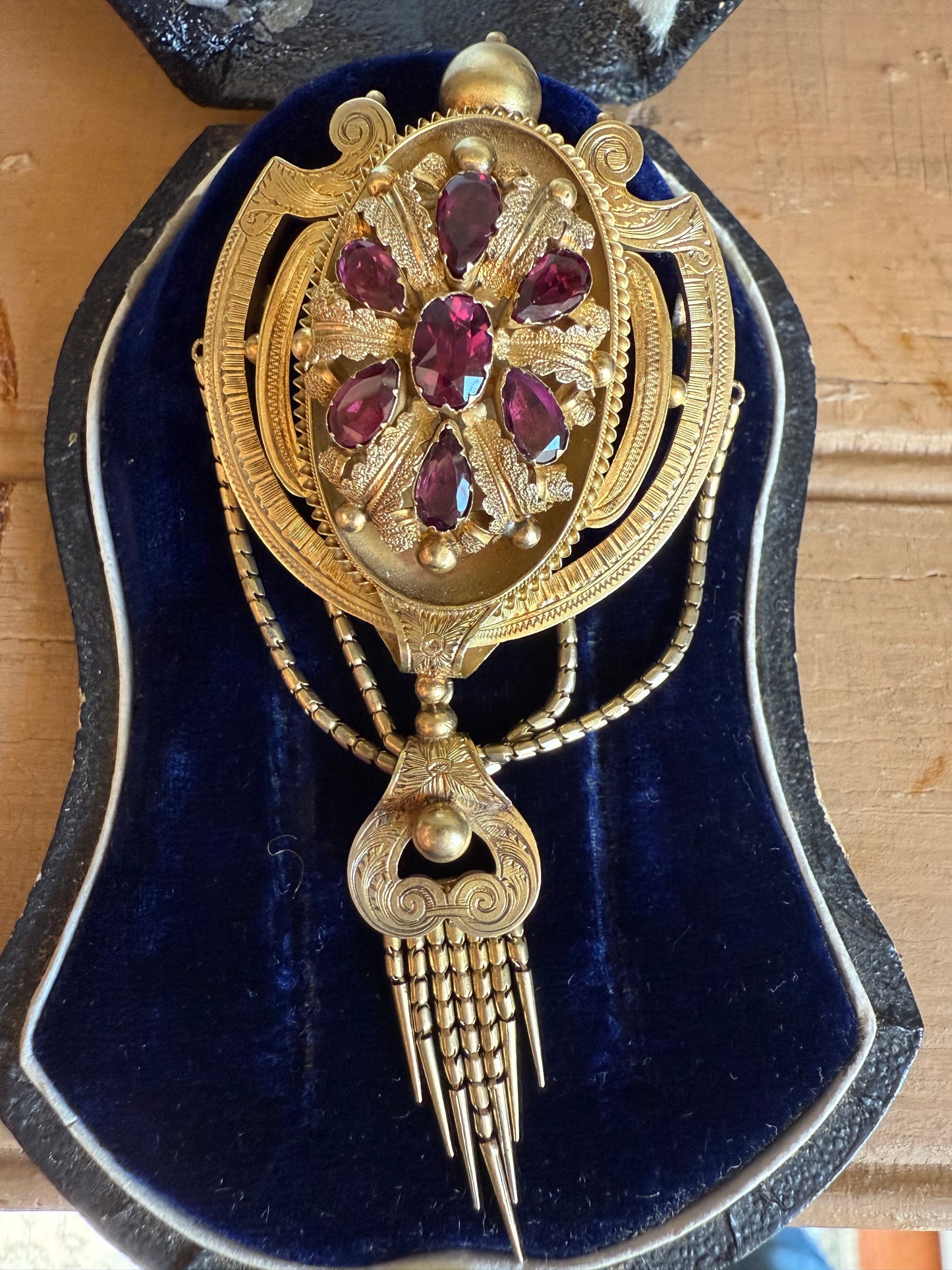 Antique Victorian c1880 14K Yellow Gold Dramatic Locket Brooch Set with Garnets
