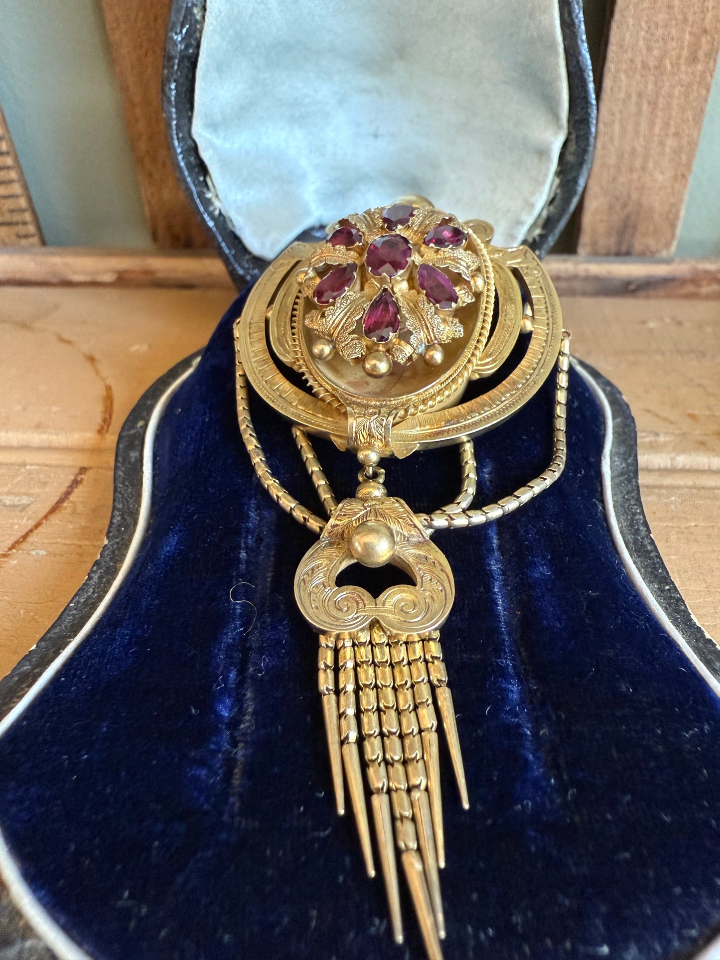Antique Victorian c1880 14K Yellow Gold Dramatic Locket Brooch Set with Garnets