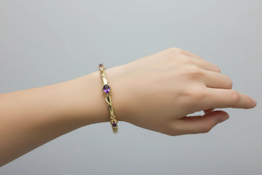 14K Yellow Gold Victorian Revival Amethyst Bracelet Bangle
