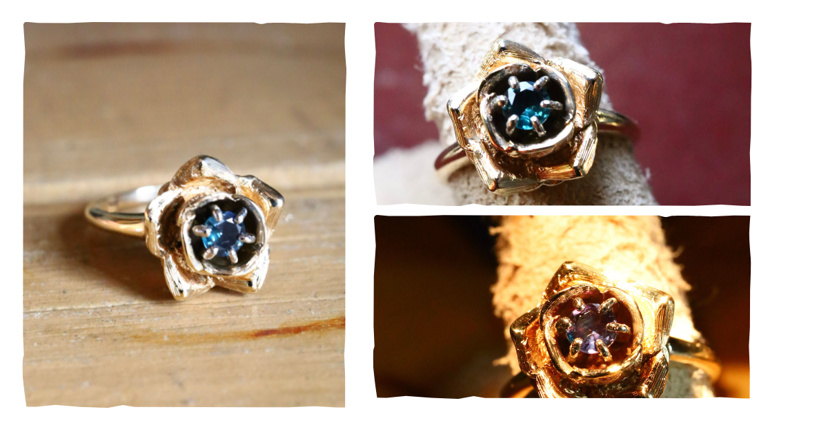 A Magical Vintage 14K Yellow Gold Rose Ring Set with a Alexandrite