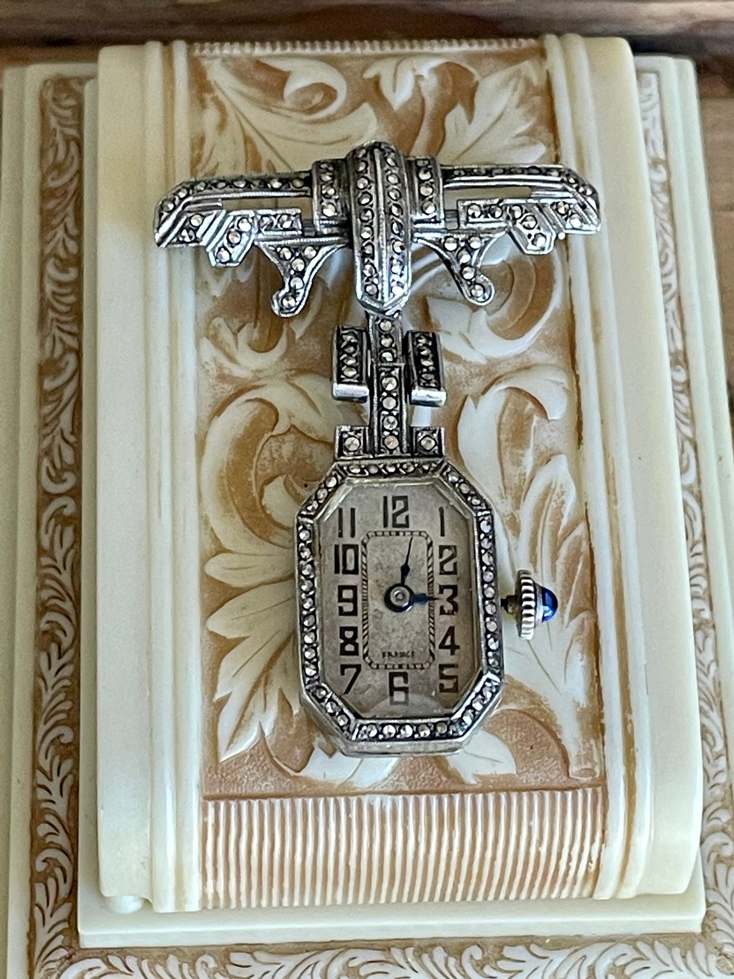 800 Silver Marcasite French Art Deco 1920 Watch Brooch