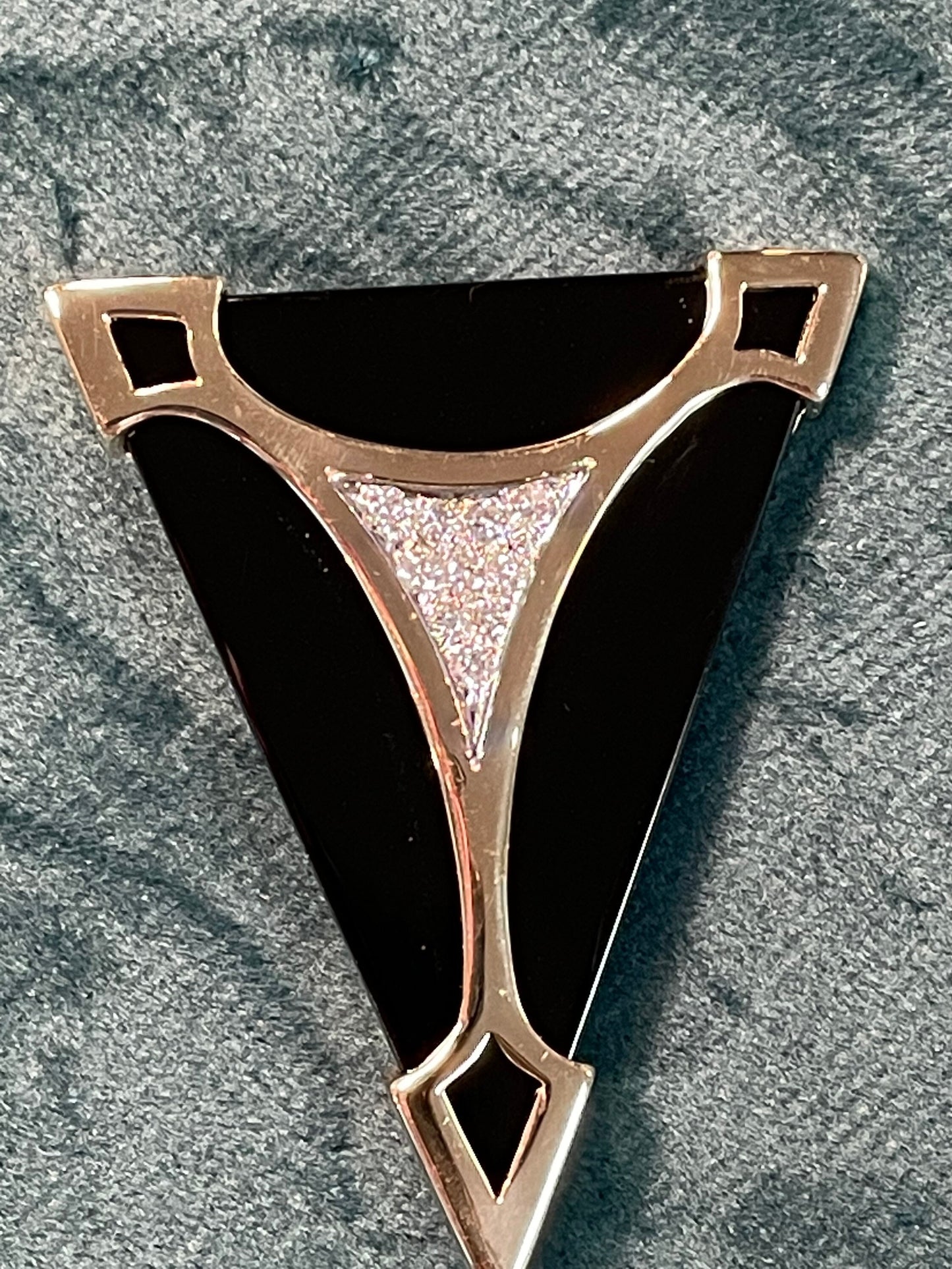 Fine 1980's 14K Gold Brooch with Onyx and Pave Set Diamonds