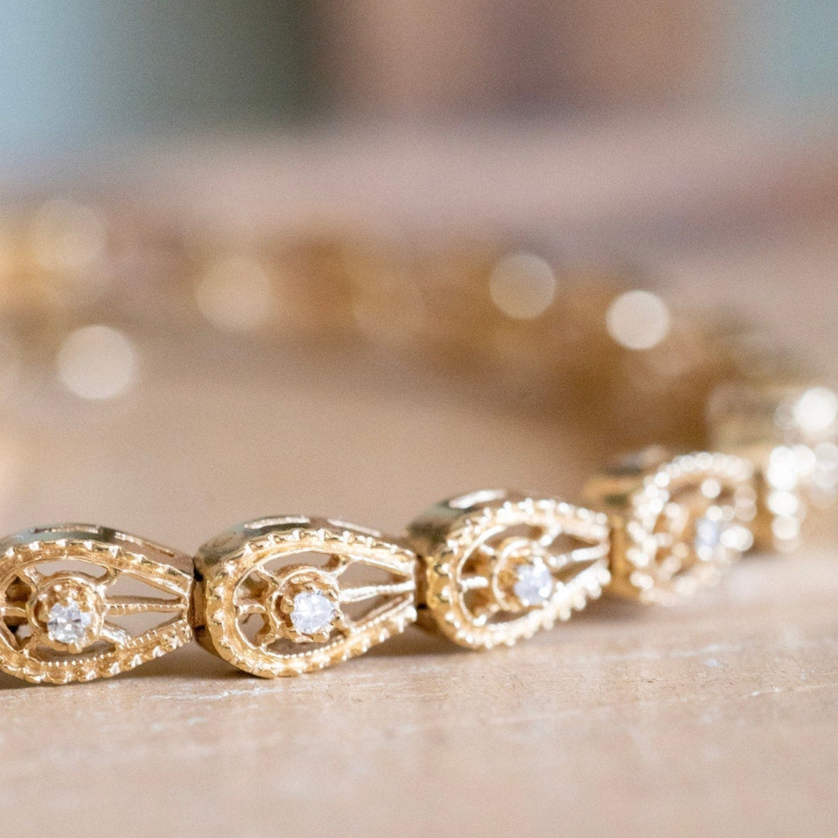 Vintage 14K Yellow Gold Diamond Set Link Bracelet