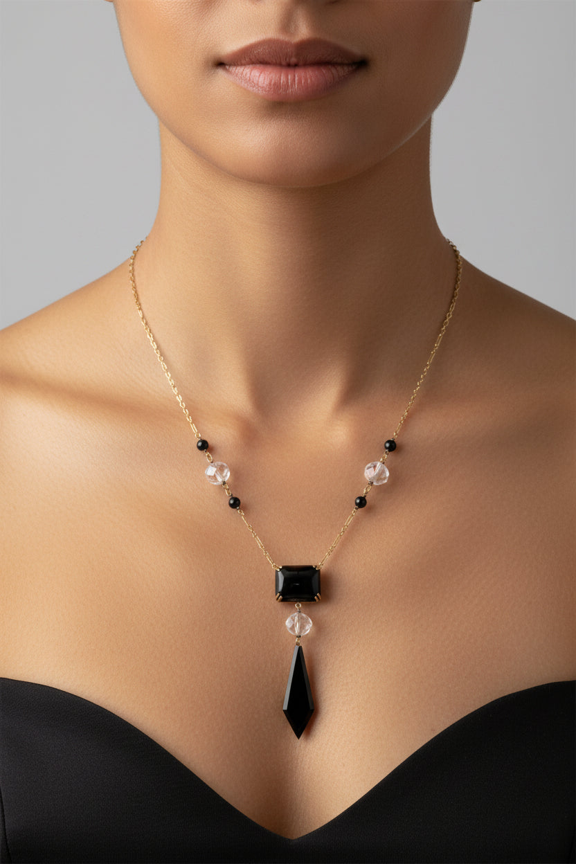 c1940 14K Yellow Gold Onyx and Crystal Necklace and Earrings