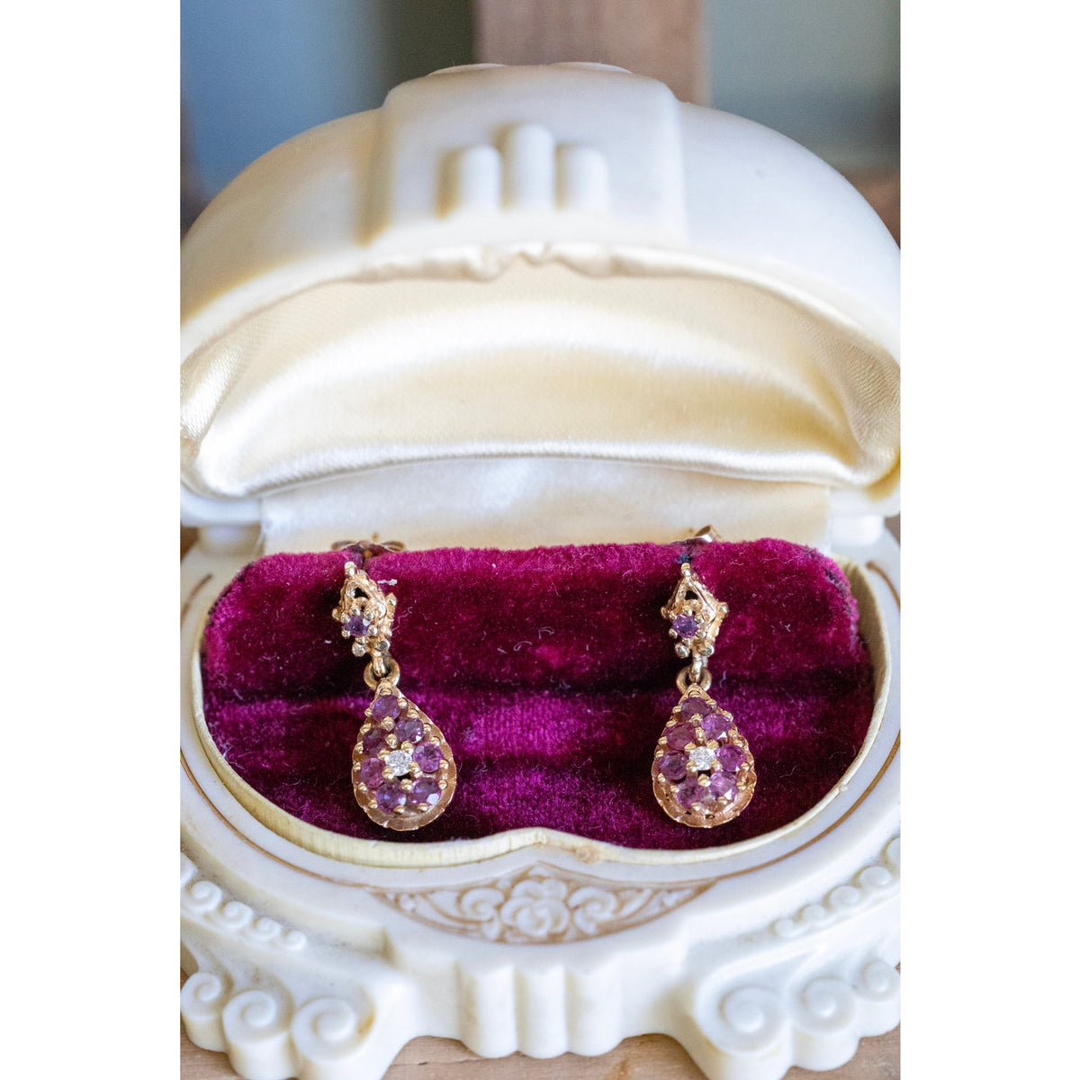 C1980 Vintage 14K Natural Ruby and Diamond Drop Earrings