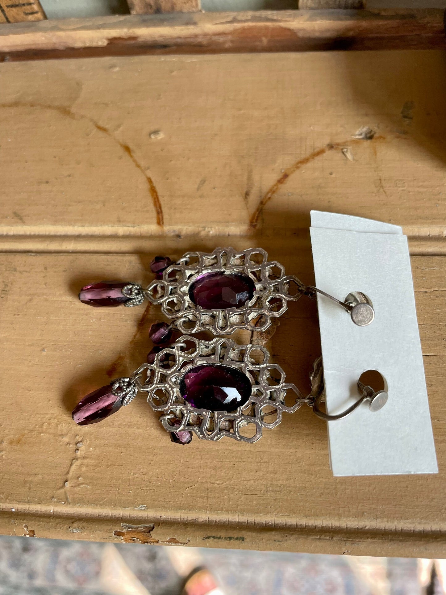 1920 Czechoslovakian Purple Glass Dangle Earrings