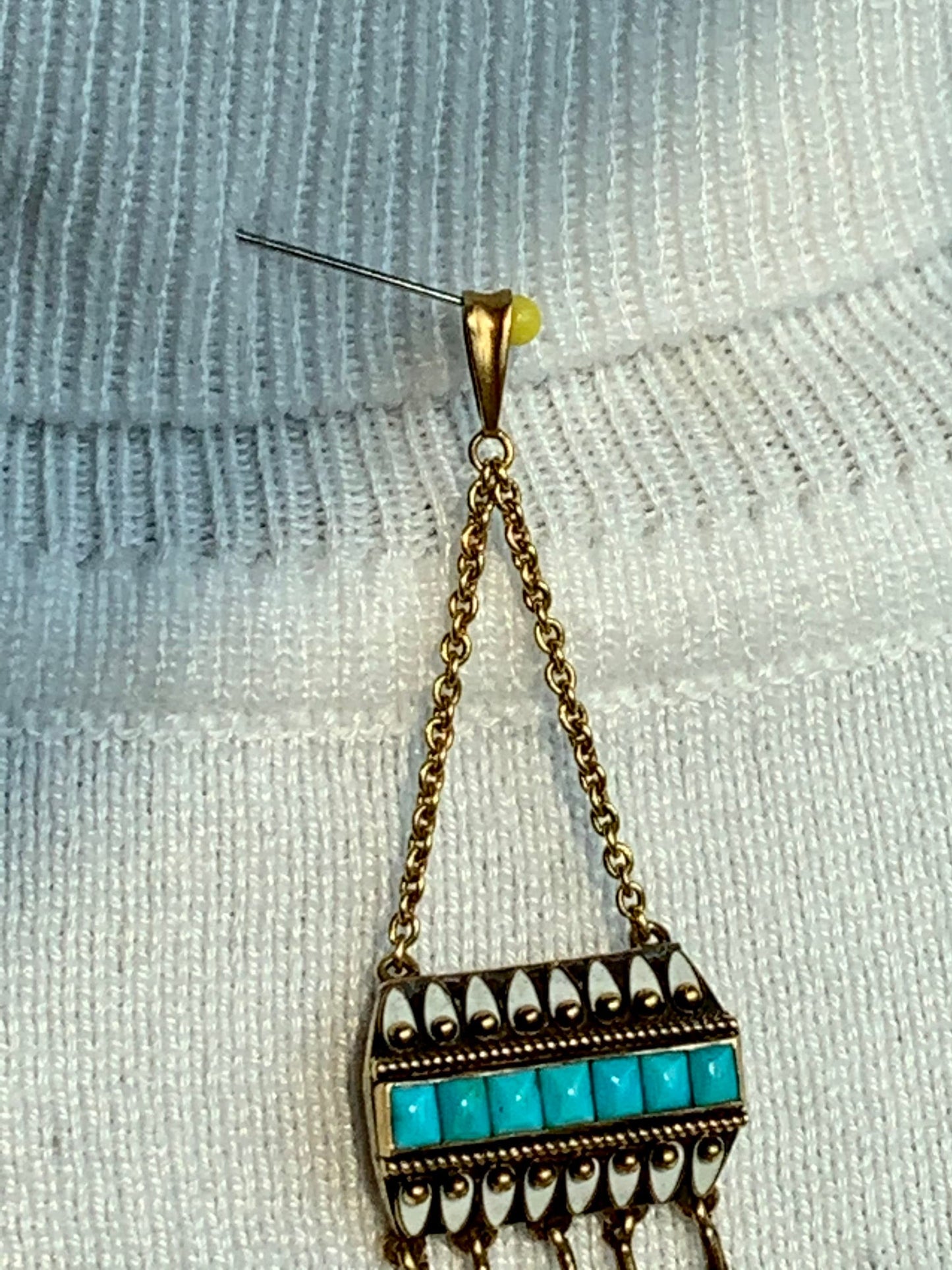 c1870 Victorian 14K Yellow Gold Turquoise and White Enamel Dangle Pendant