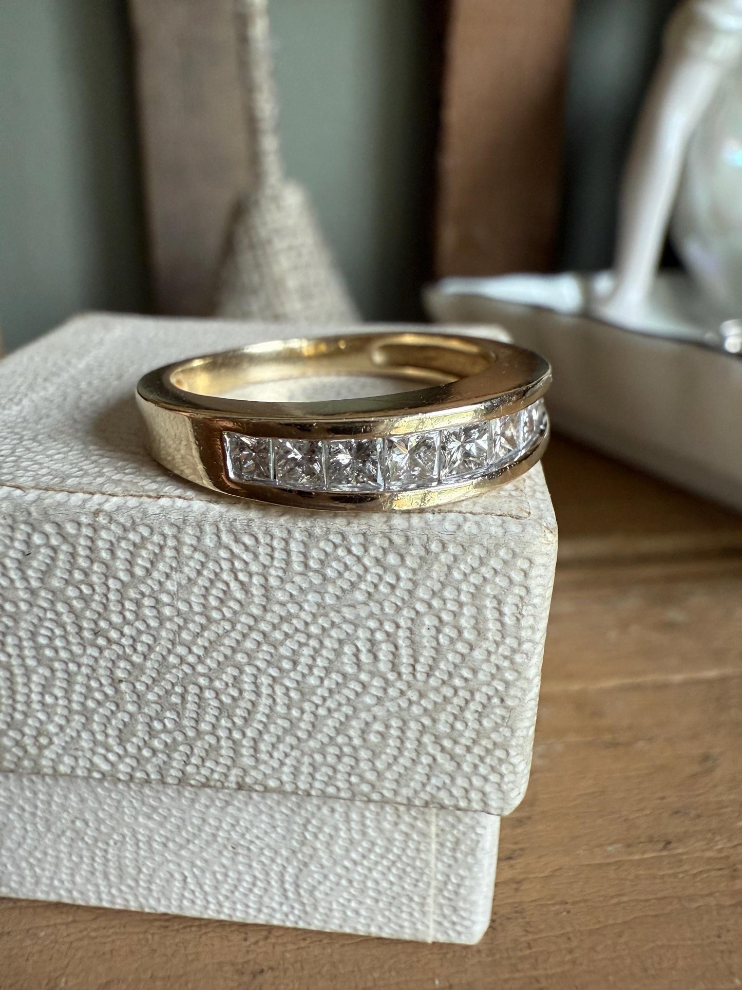 14K Yellow Gold Vintage Princess Cut Natural Diamond Band Ring .50 ctw