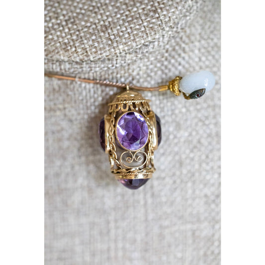 1960's Handmade 14K Yellow Gold Etruscan Revival Amethyst Pendant Charm