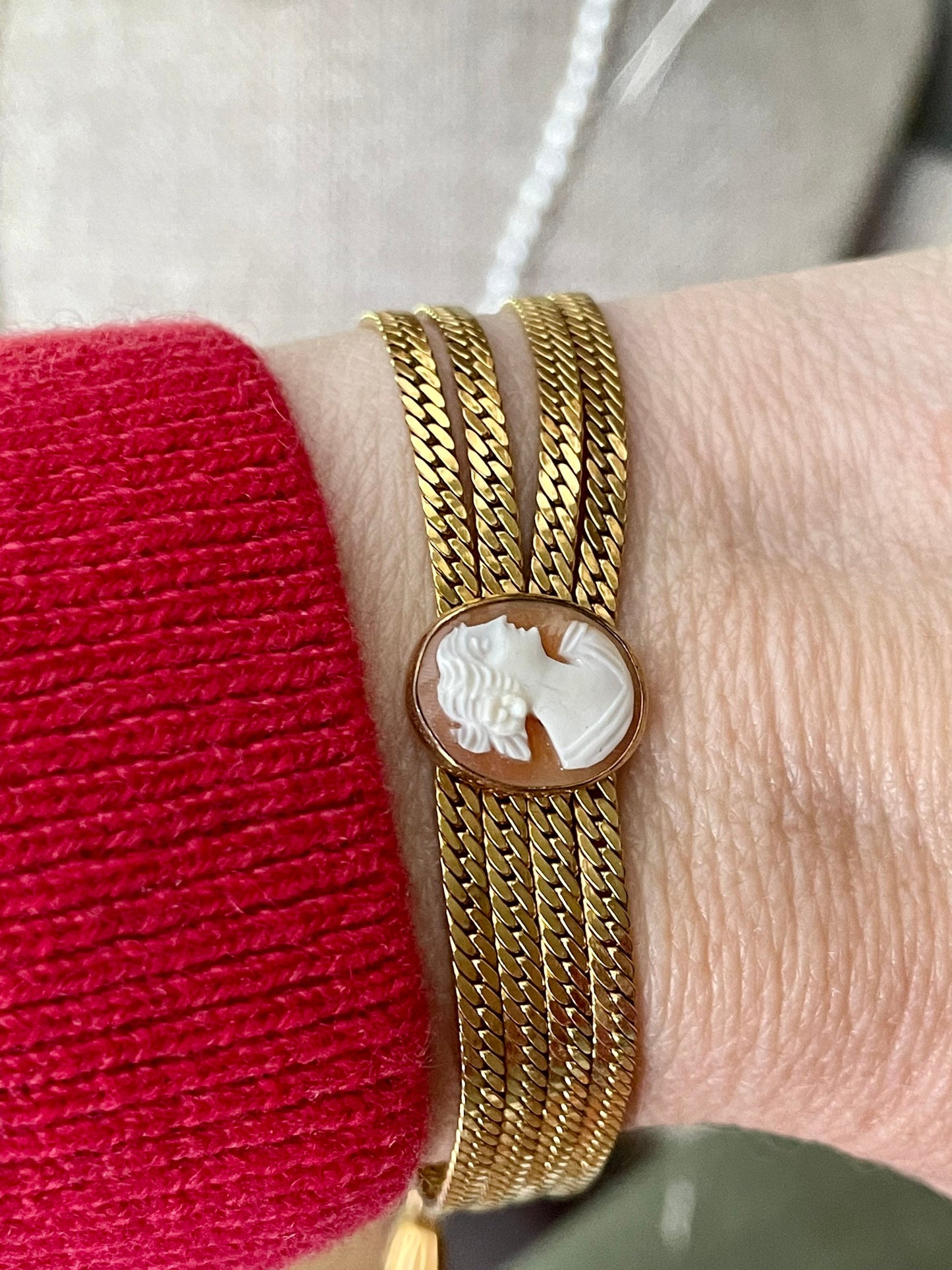 Vintage Four Link Shell Cameo Bracelet with Tassels