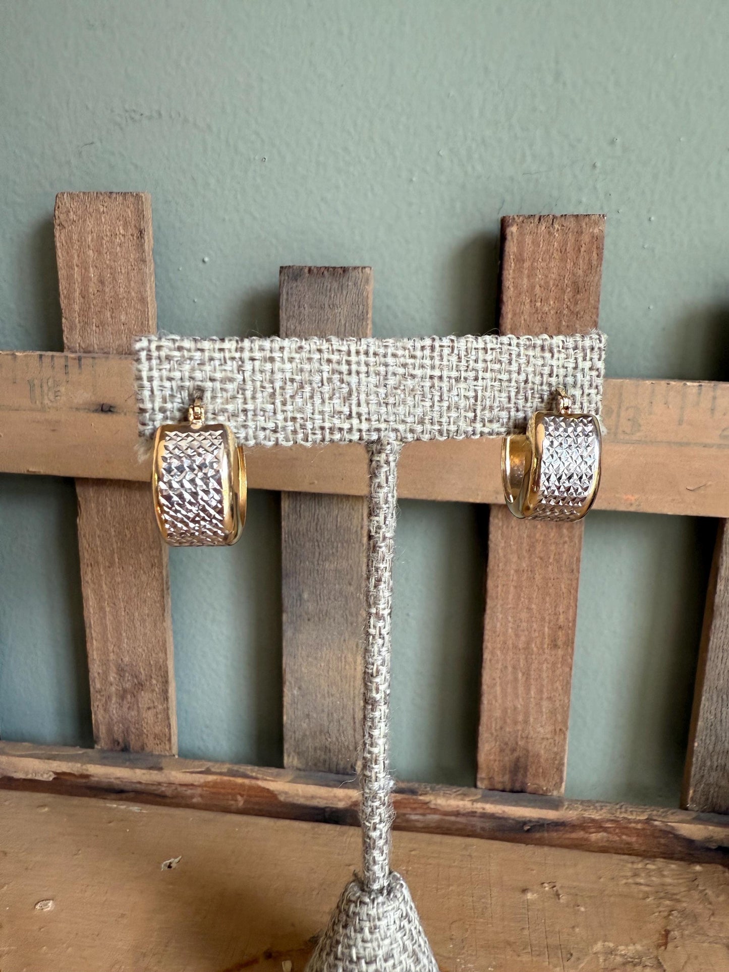 c1980 14K Bi-Color Wide Textured Hoop Earrings