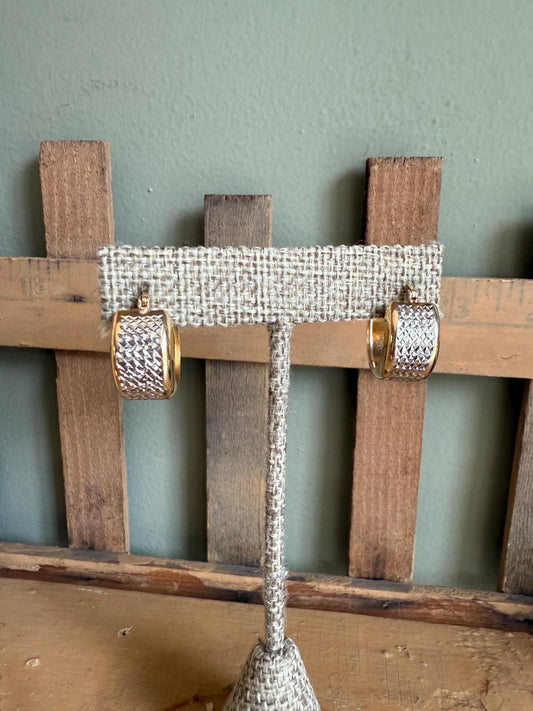 c1980 14K Bi-Color Wide Textured Hoop Earrings