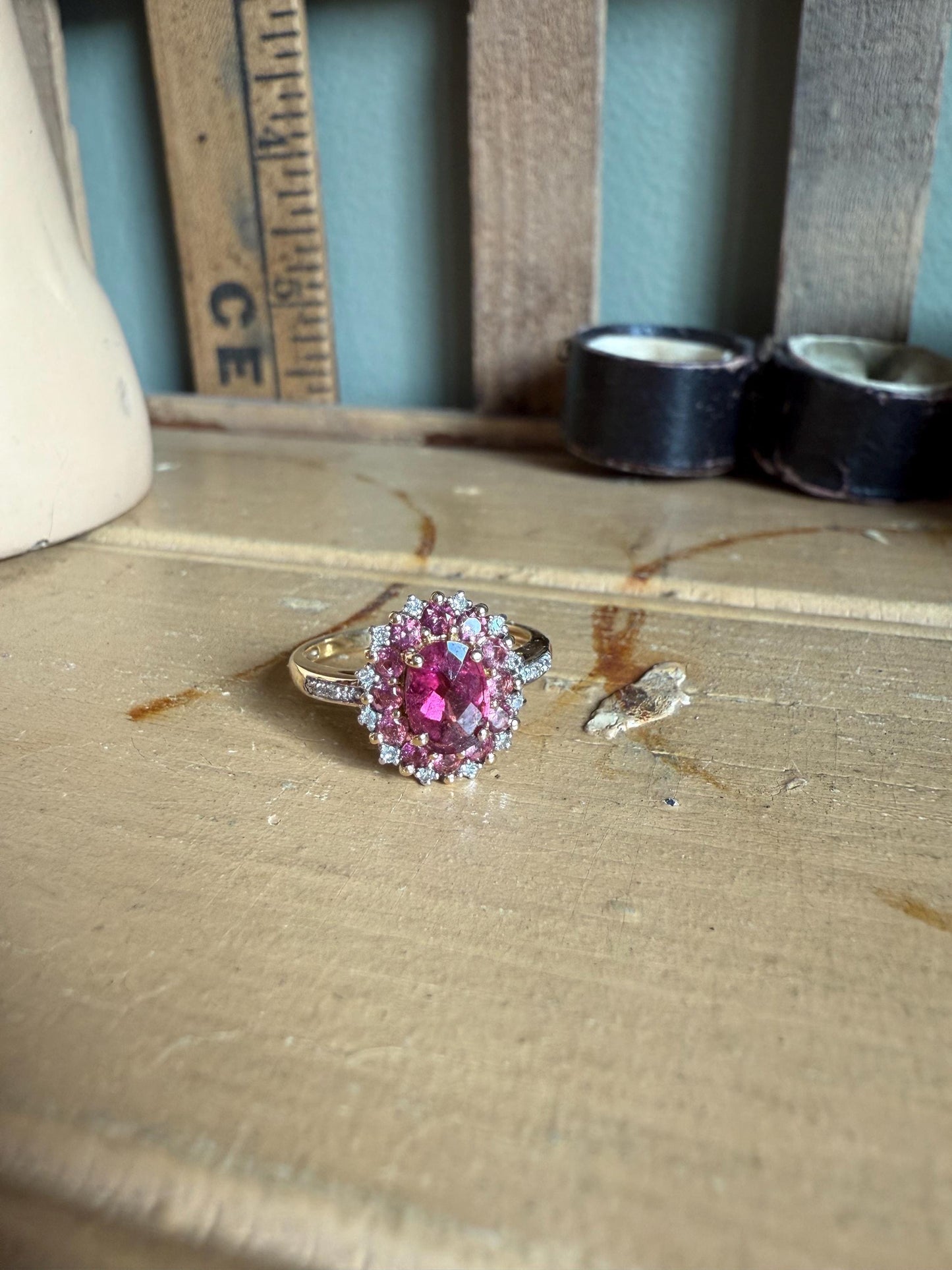 14K Yellow and White Gold Checkerboard Cut Pink Tourmaline with Accent Diamonds