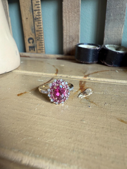 14K Yellow and White Gold Checkerboard Cut Pink Tourmaline with Accent Diamonds