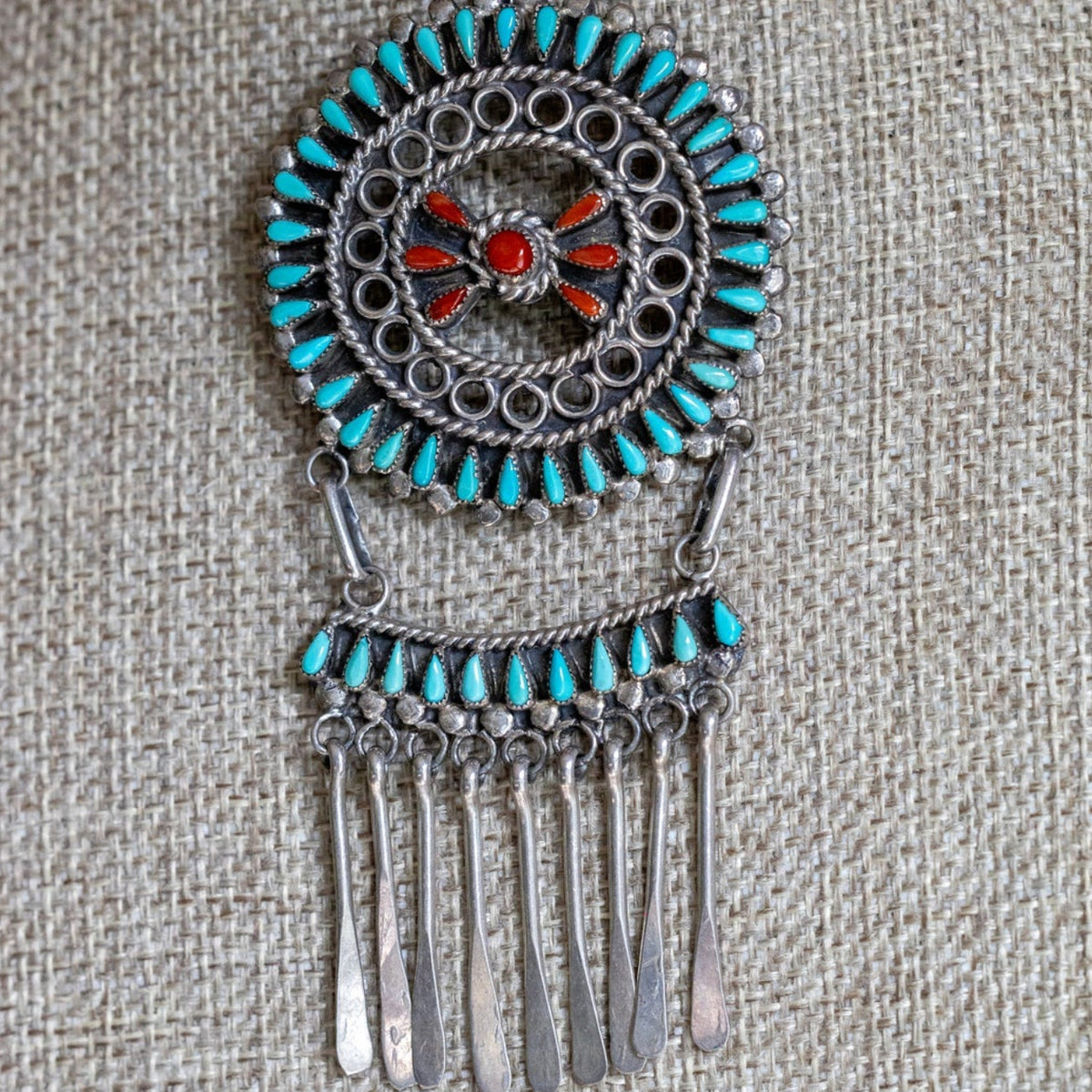 Native American Zuni New Mexico Coral Turquoise Sterling Brooch Pendant