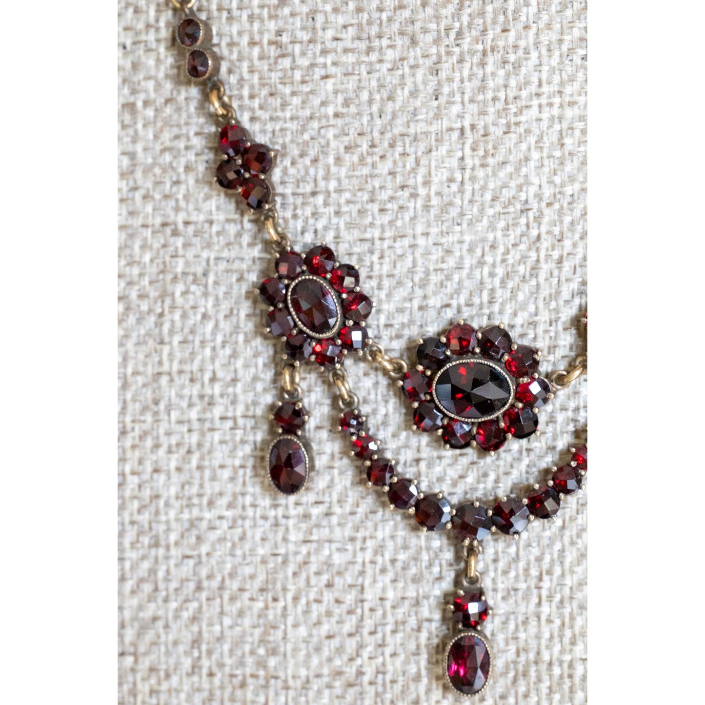 All Original Vintage German Bohemian Cut Garnet Swag Dangle Necklace