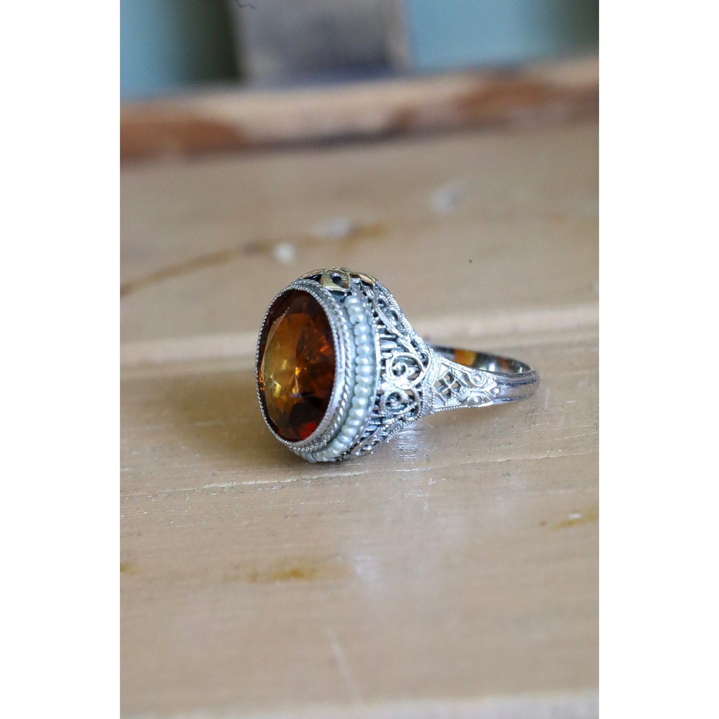 14K White Gold Authentic Art Deco Citrine Ring with Seed Pearl Halo