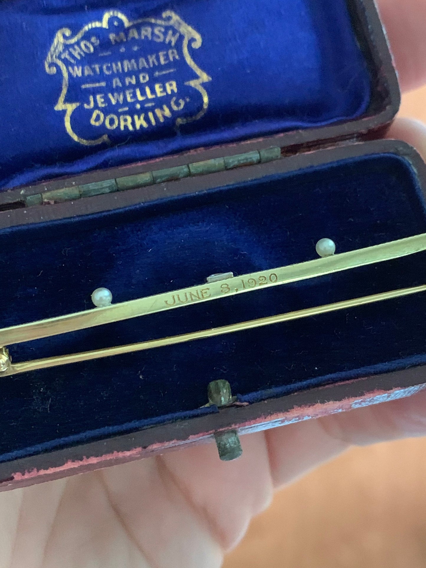 c1920 14K Yellow Gold Allsopp - Bliss Topaz Seed Pearl Bi-Color Bar Brooch