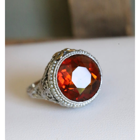 14K White Gold Authentic Art Deco Citrine Ring with Seed Pearl Halo