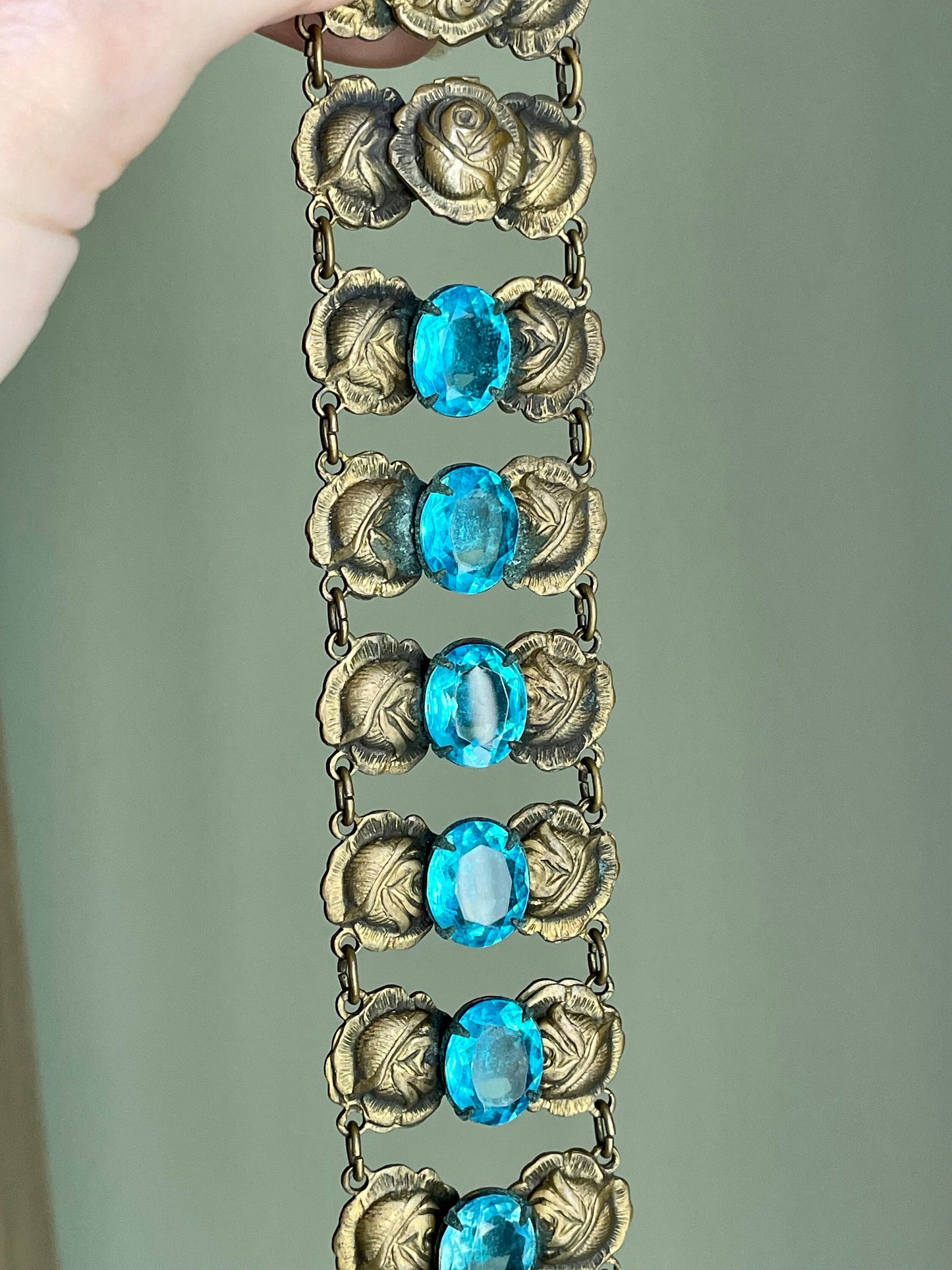Late Edwardian Early Art Deco Aqua Paste Brass Alloy Wide Bracelet