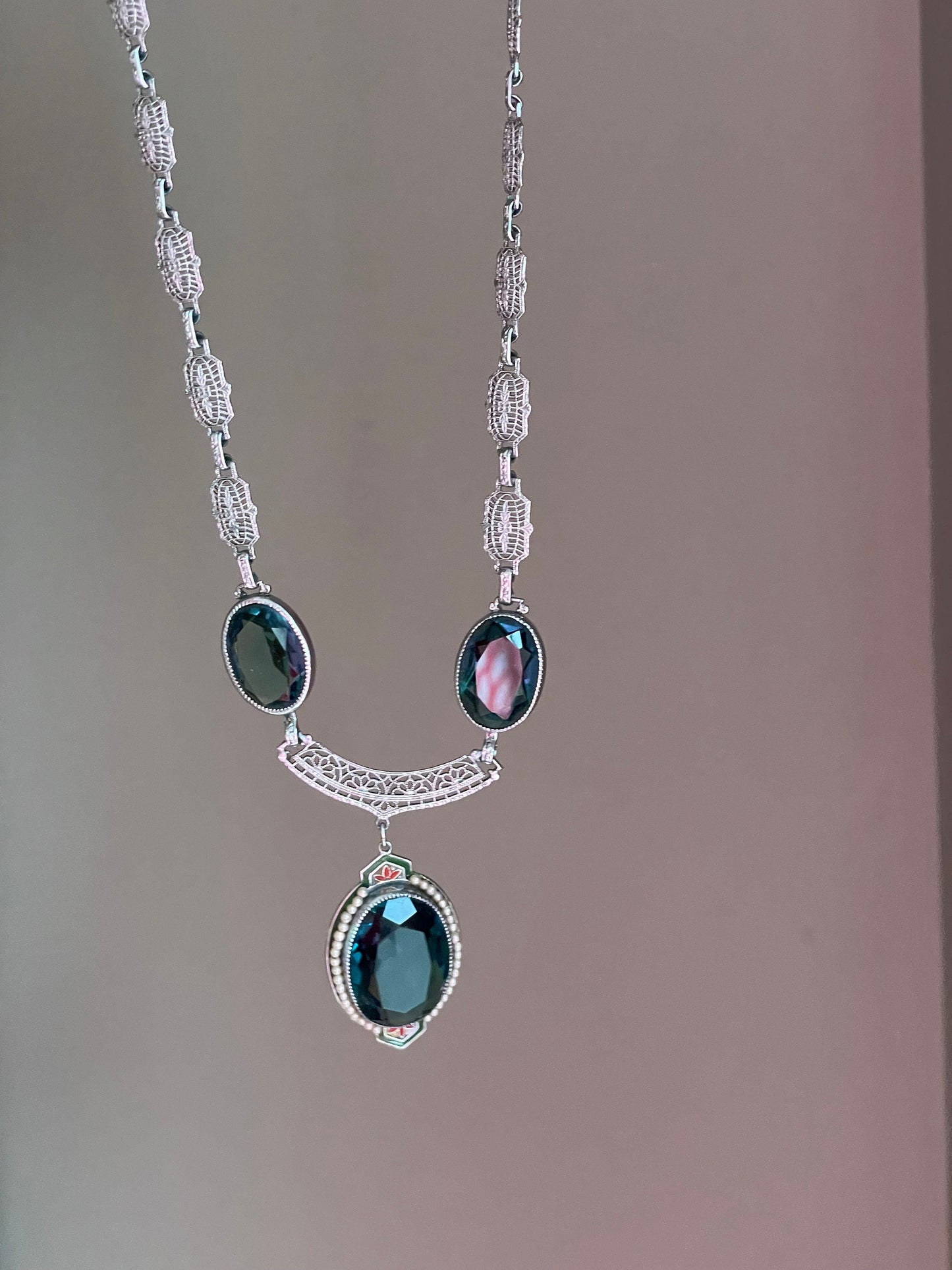 1930s Art Deco Necklace: Rhodium Plated Tourmaline Glass & Enamel