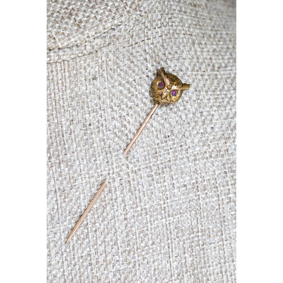 Antique Victorian 9- 10K Owl Stickpin with Bohemian Cut Garnet Eyes