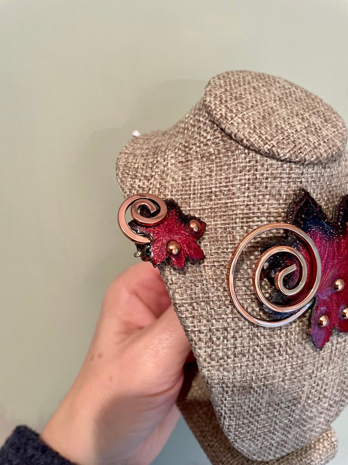 C1960 Matisse Enamel Copper Leaf Brooch and Clip Earrings