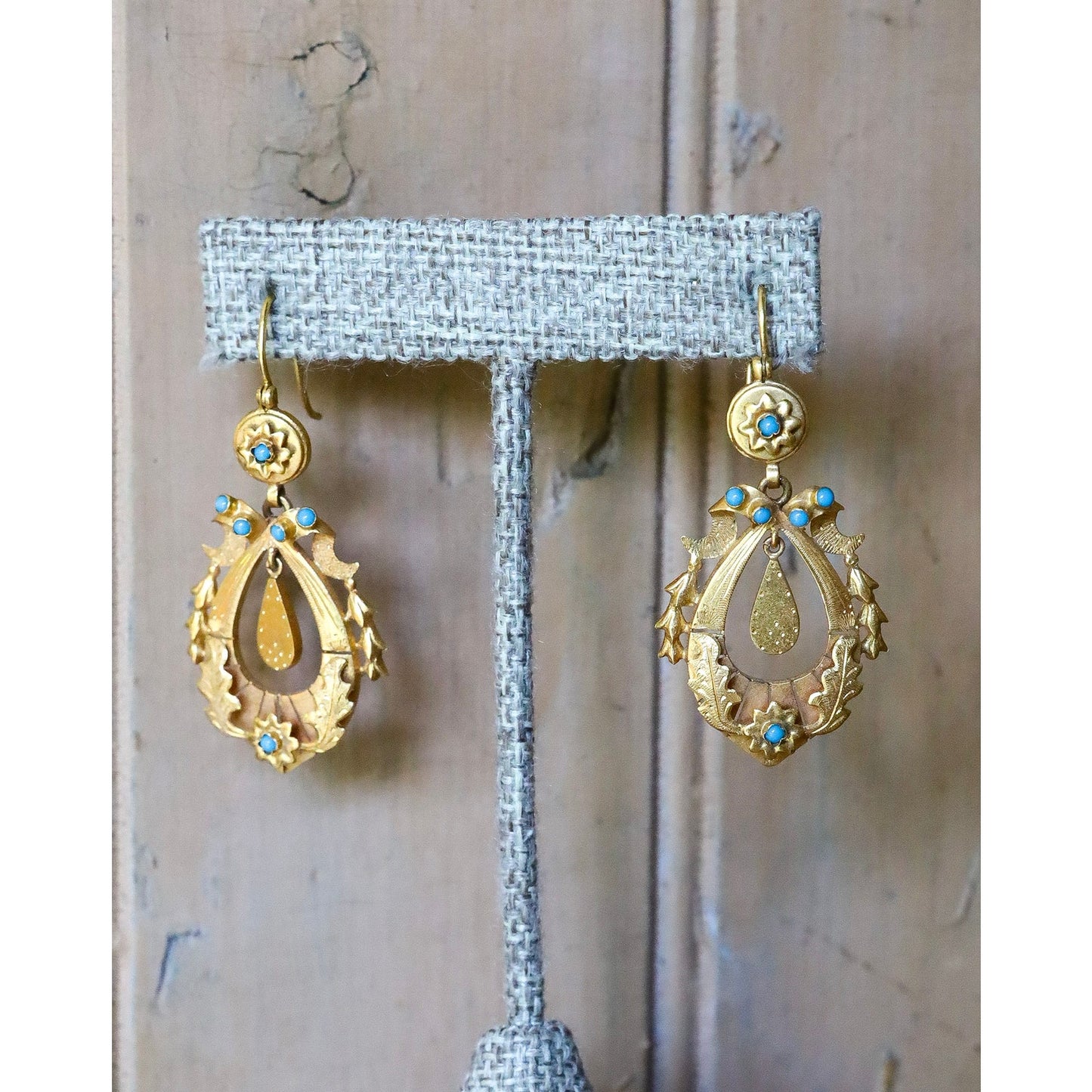 Antique Victorian 14K Yellow Gold Turquoise Set Dangle Earrings