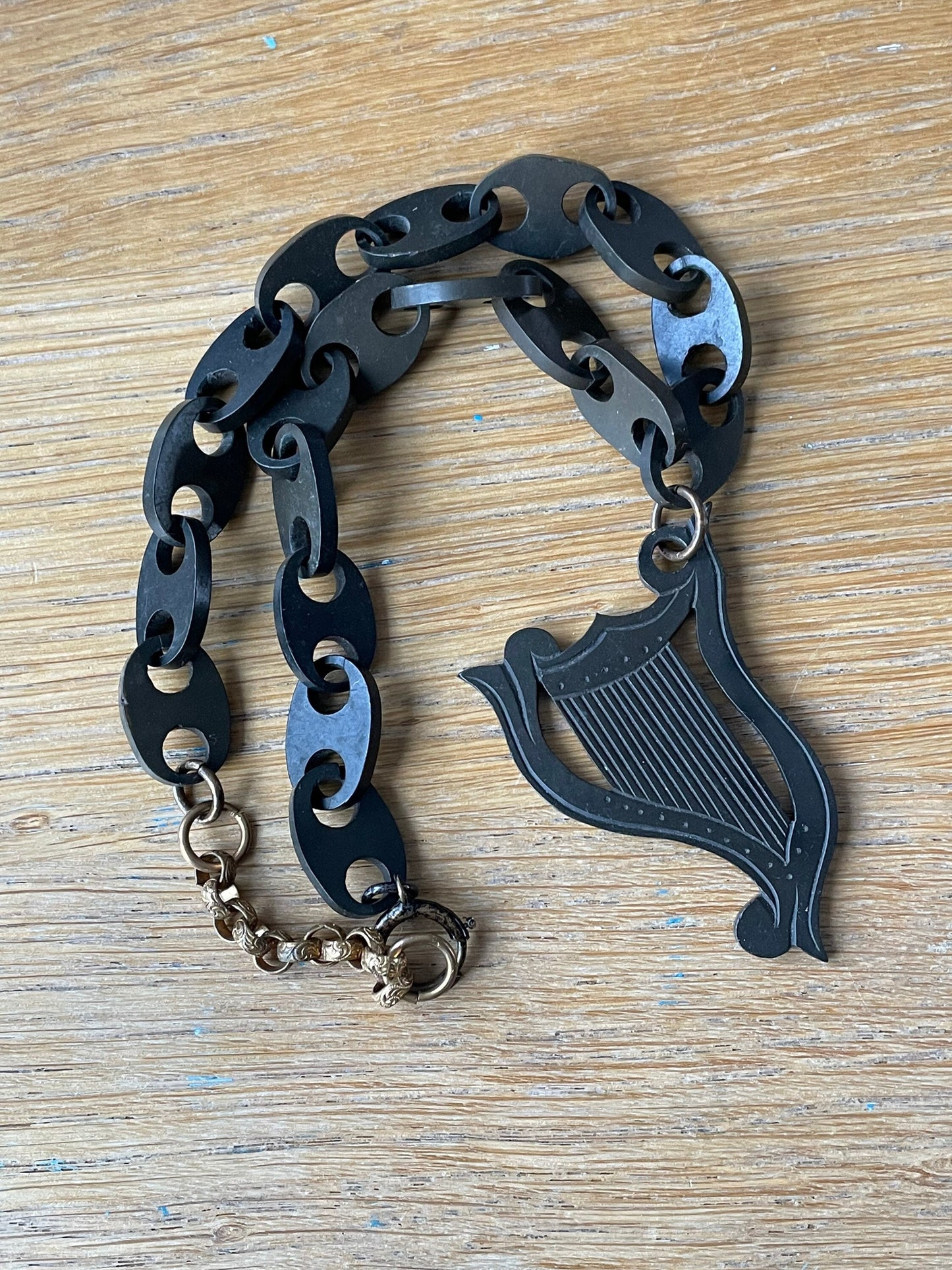 Antique Victorian Vulcanite Large Irish Harp and Chain Choker Necklace