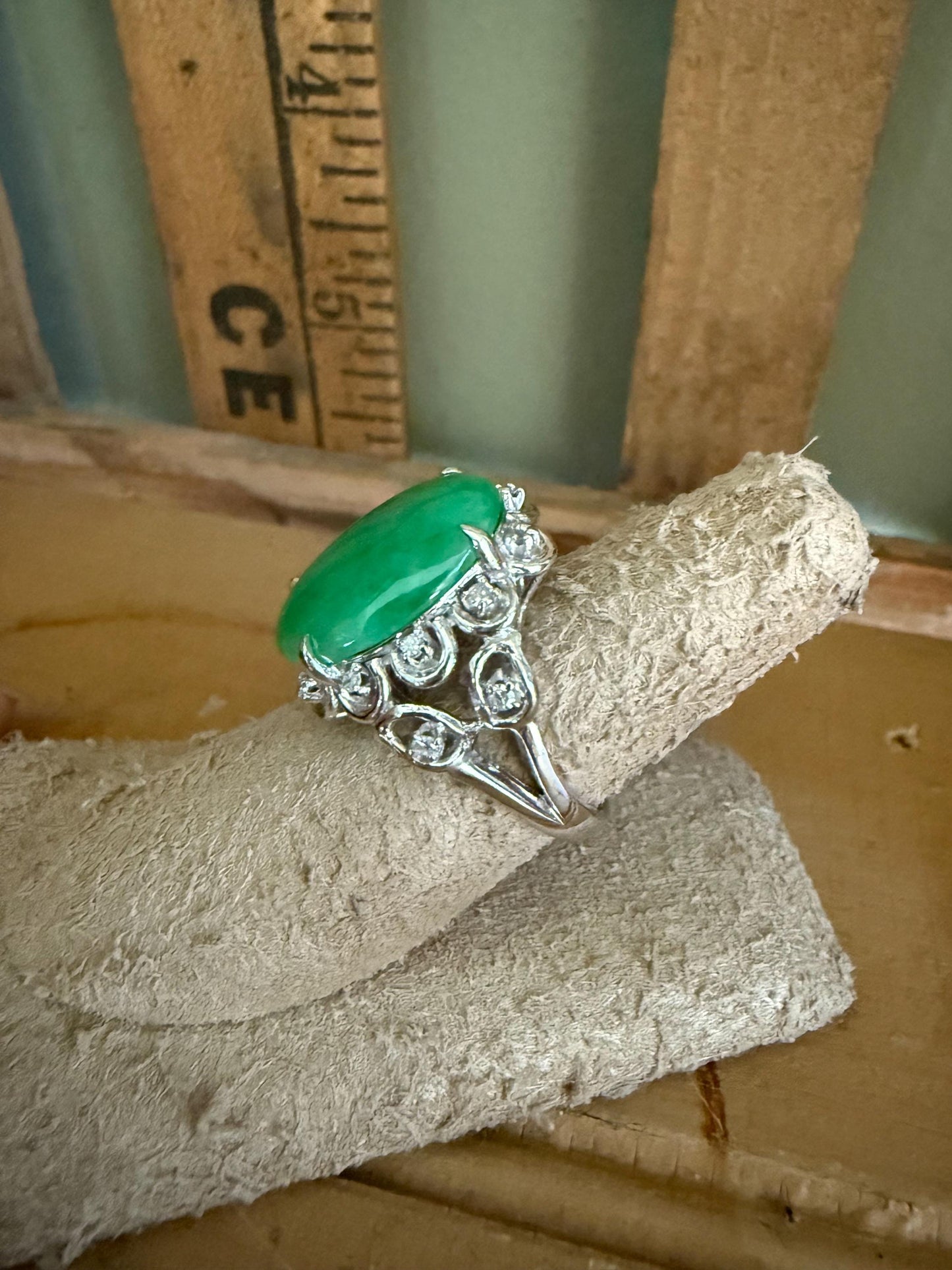 A GIA Certified Natural 8 Carat Plus Jadeite Jade Set in 14K White Gold Diamond Ring