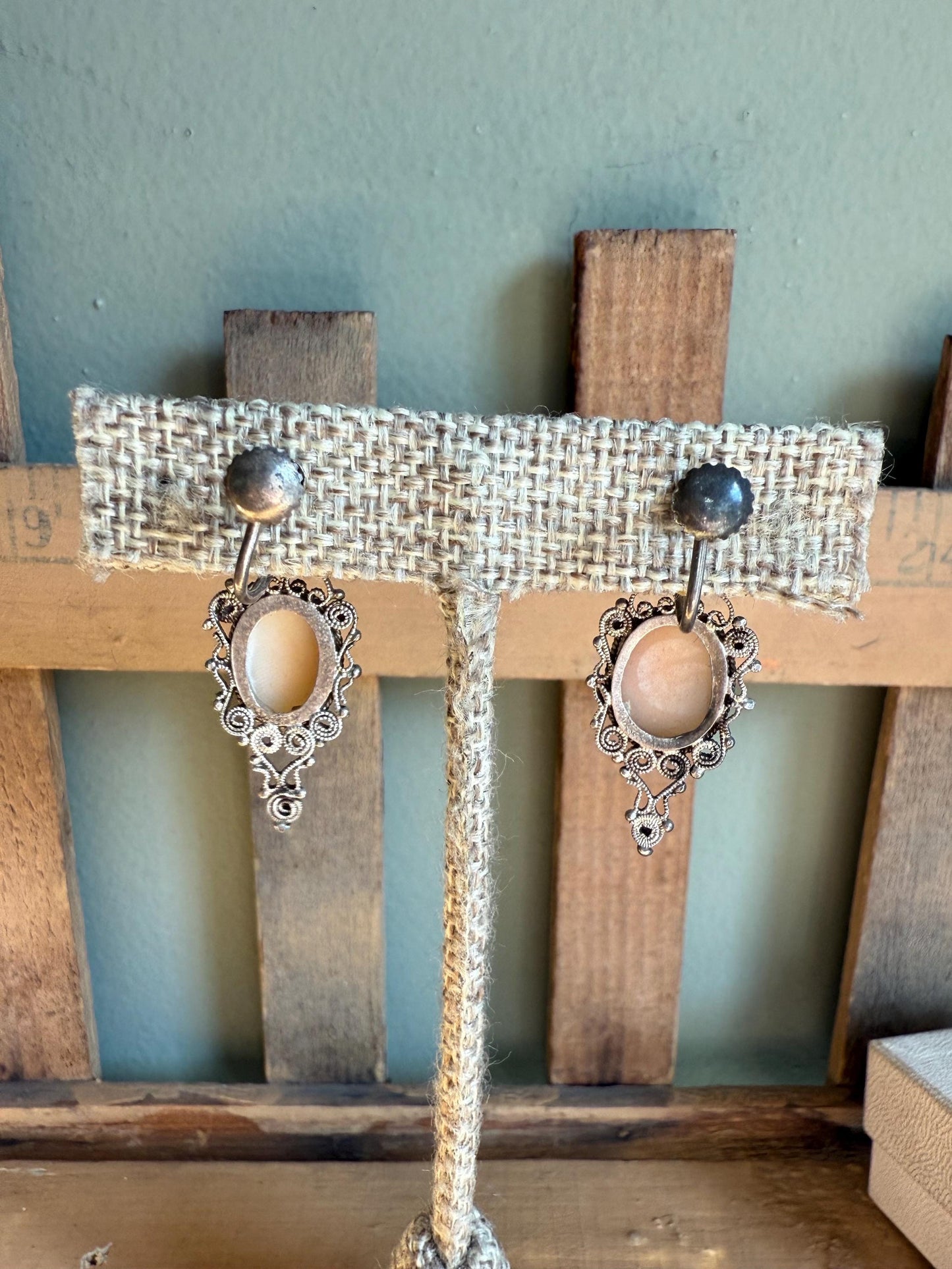 1930-1940 900 Silver Hand Carved Cameo Dangle Earrings