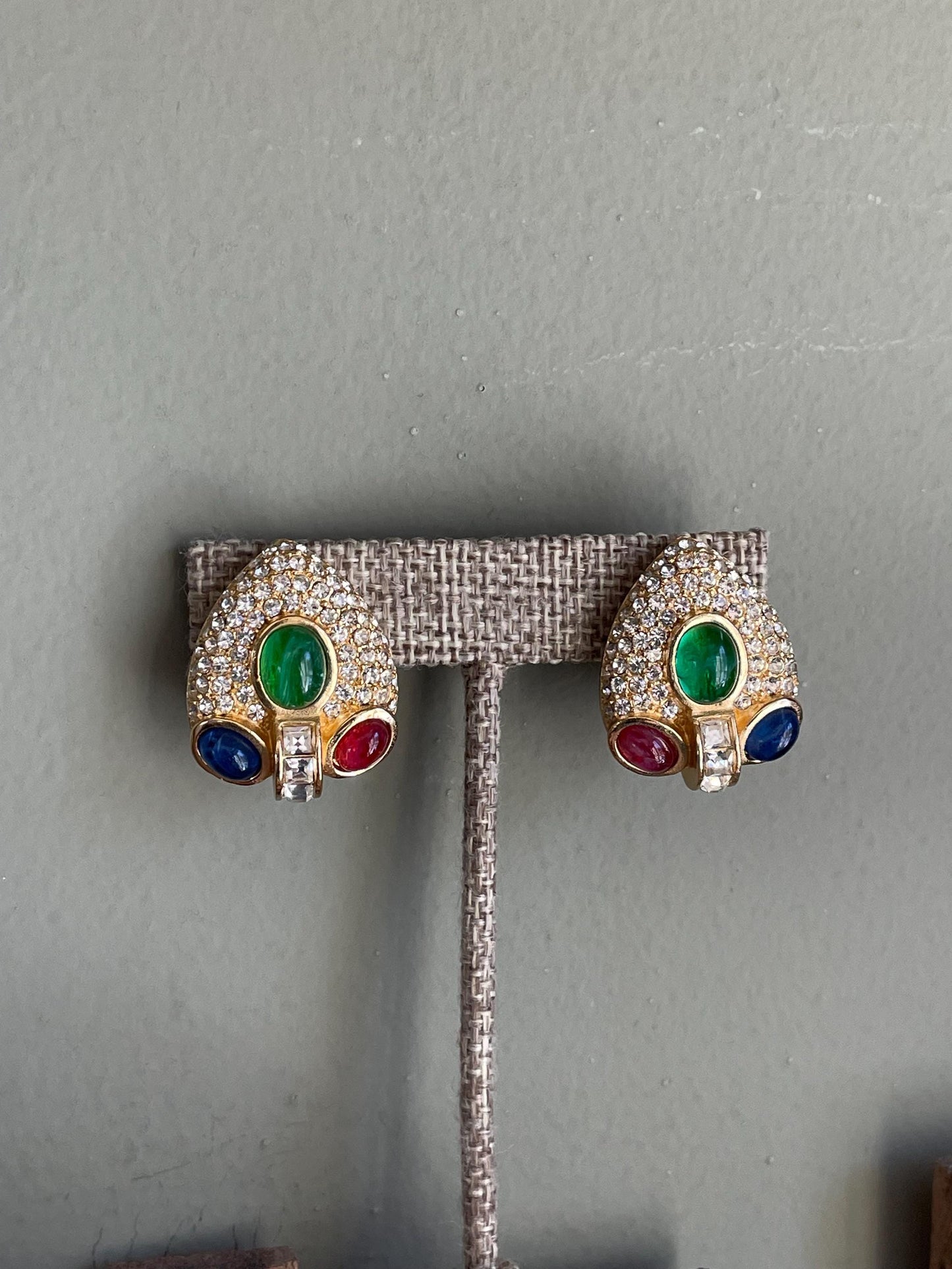 Christian Dior GROSSE 1960 Glass Ruby Sapphire Emerald Designer Clip Earrings