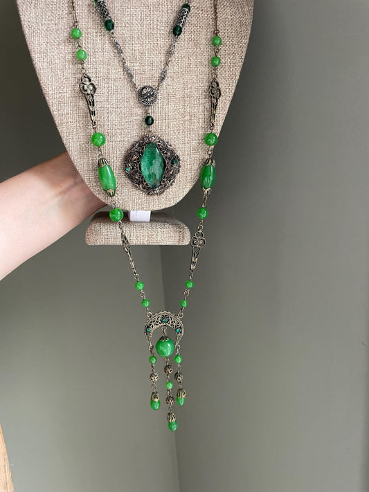 Pick A Turn of the 20th Century Edwardian Czechoslovakian Green Glass Dangle Necklace