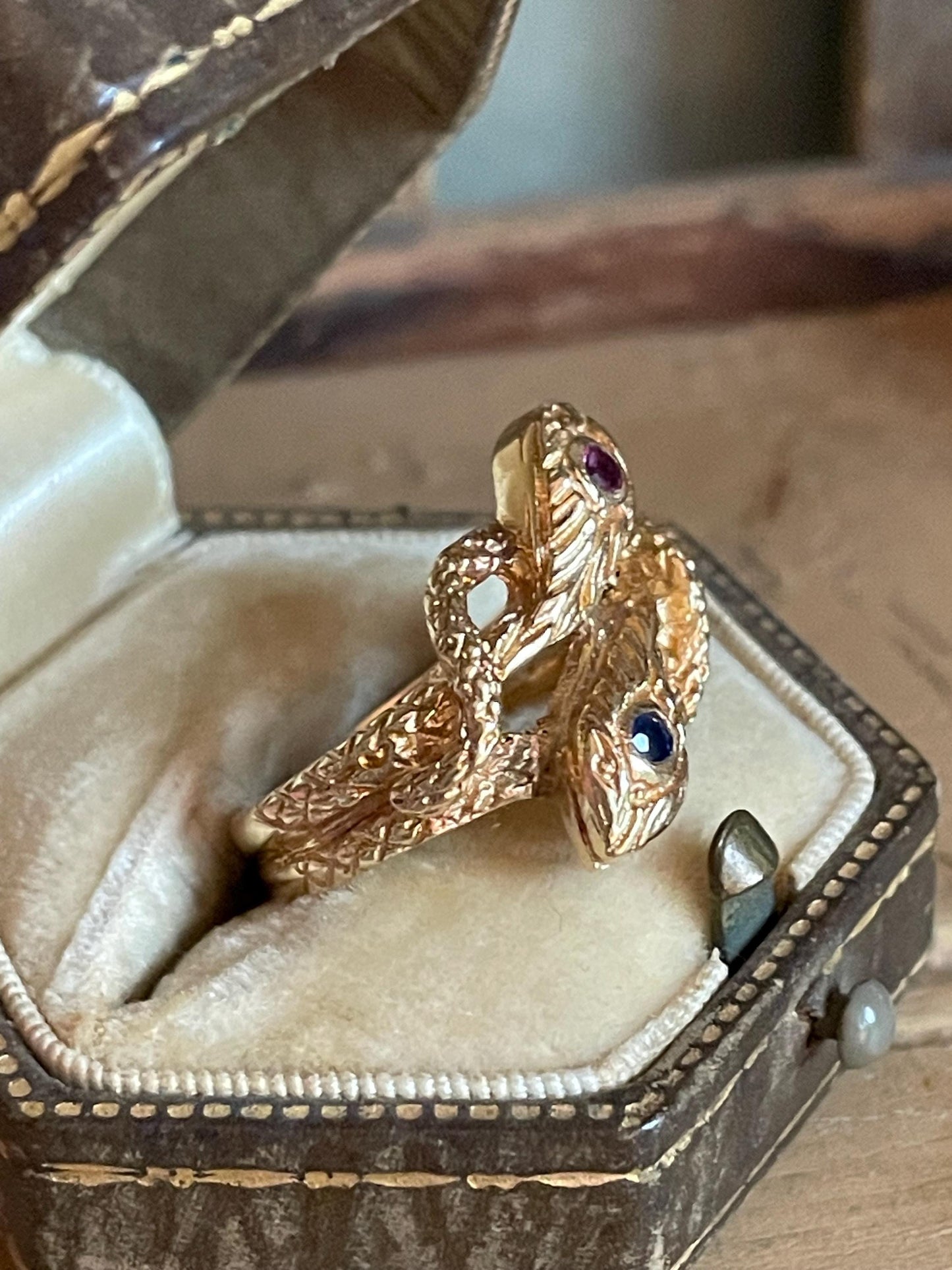 14k Yellow Gold Double Snake Ring with Sapphire and Ruby Set Heads
